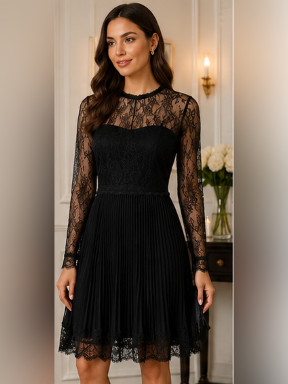 TENAX Made in Italy Black Lace Pleated Dress Size 44